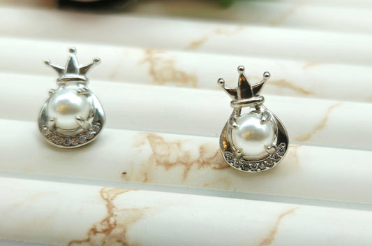 Silver Tone Pearl Crown Stud Earrings for Women | Gift Jewelry