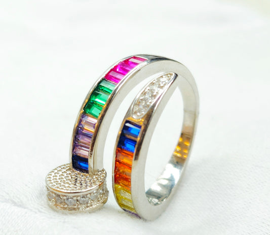 925 Sterling Silver Rainbow Serpent Coil Ring with Multi Stones
