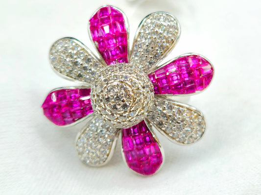 925 Sterling Silver Floral Pave & Fuchsia Gemstone Statement Ring