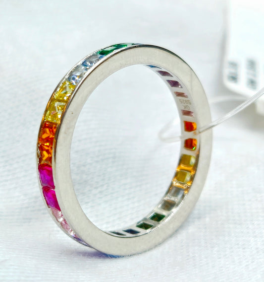 925 Sterling Silver Rainbow Princess Cut Eternity Ring for Women