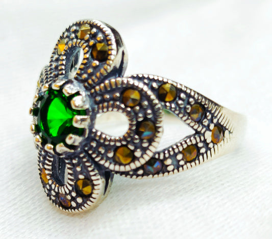 925 Sterling Silver Emerald & Marcasite Clover Ring for Women