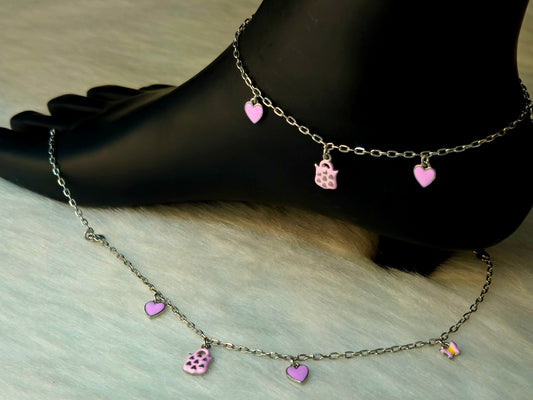 925 Sterling Silver Pink Heart & Handbag Charm Anklet