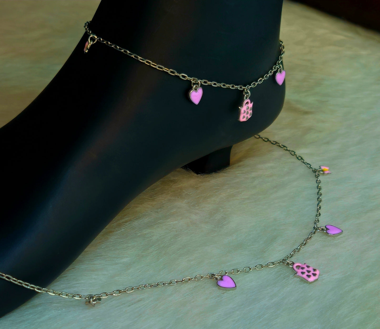 Silver-Toned Pink Heart and Handbag Charm Anklet