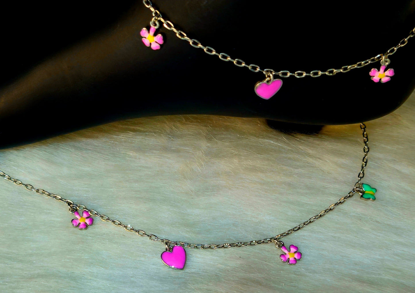 925 Silver Floral & Heart Charm Anklet for Women
