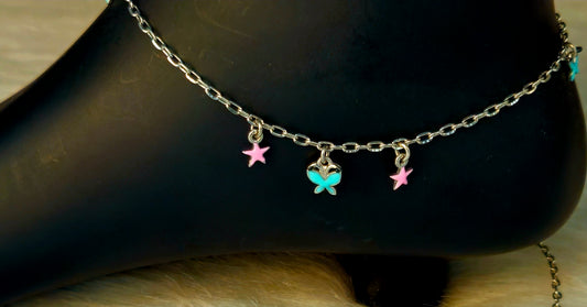 925 Silver Pink Star & Blue Butterfly Charm Anklet