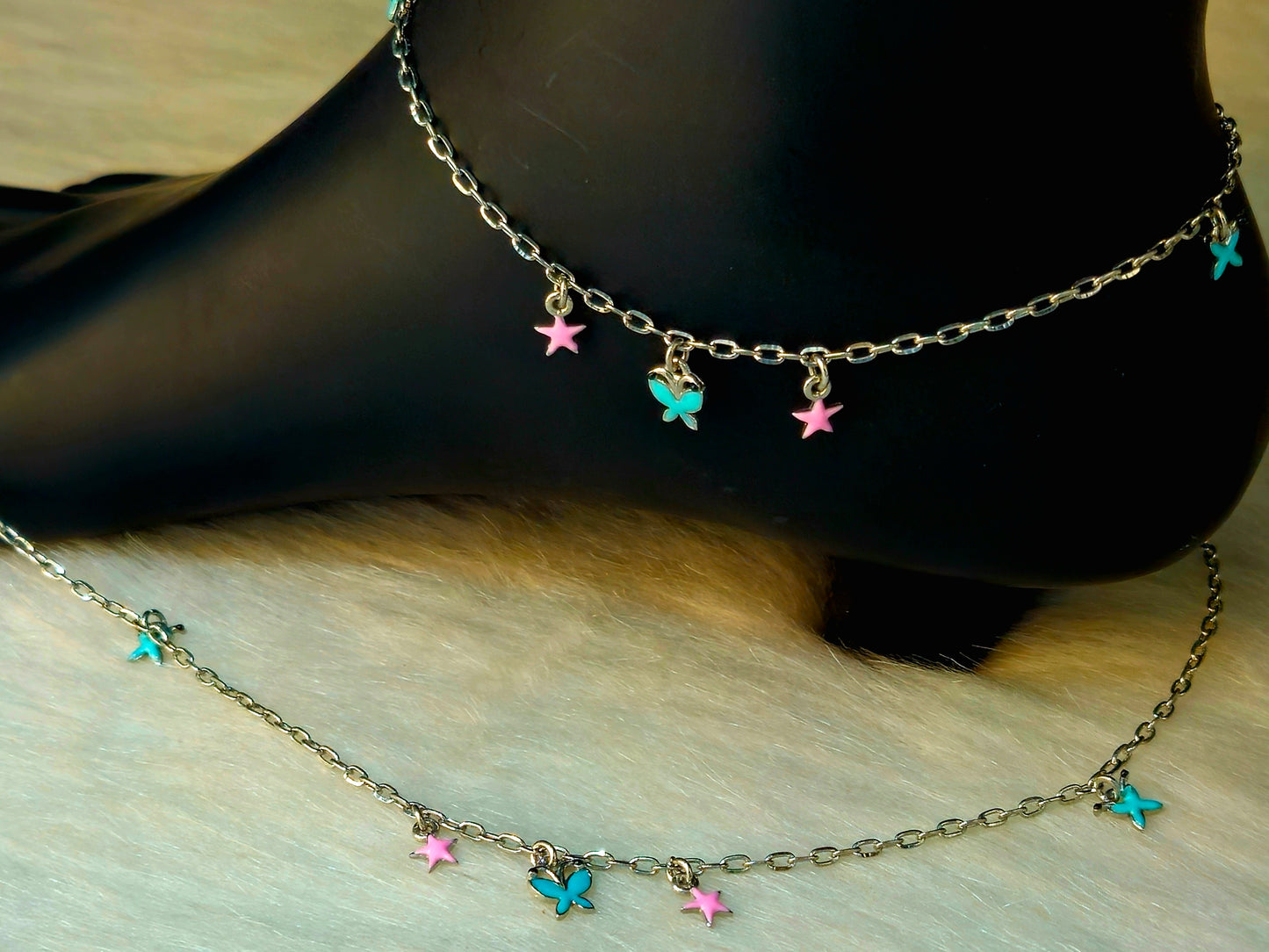 Silver-Toned Pink Star and Blue Butterfly Charm Anklet