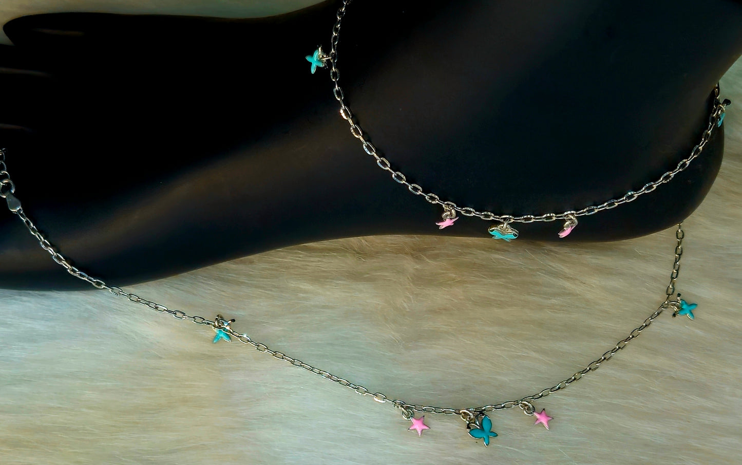 Silver-Toned Pink Star and Blue Butterfly Charm Anklet