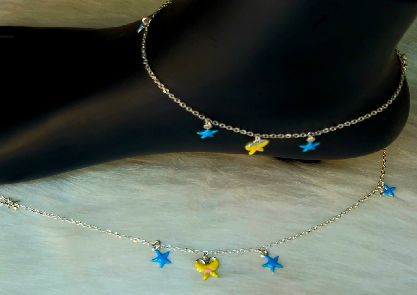 Silver-Toned Yellow Butterfly and Blue Star Charm Anklet