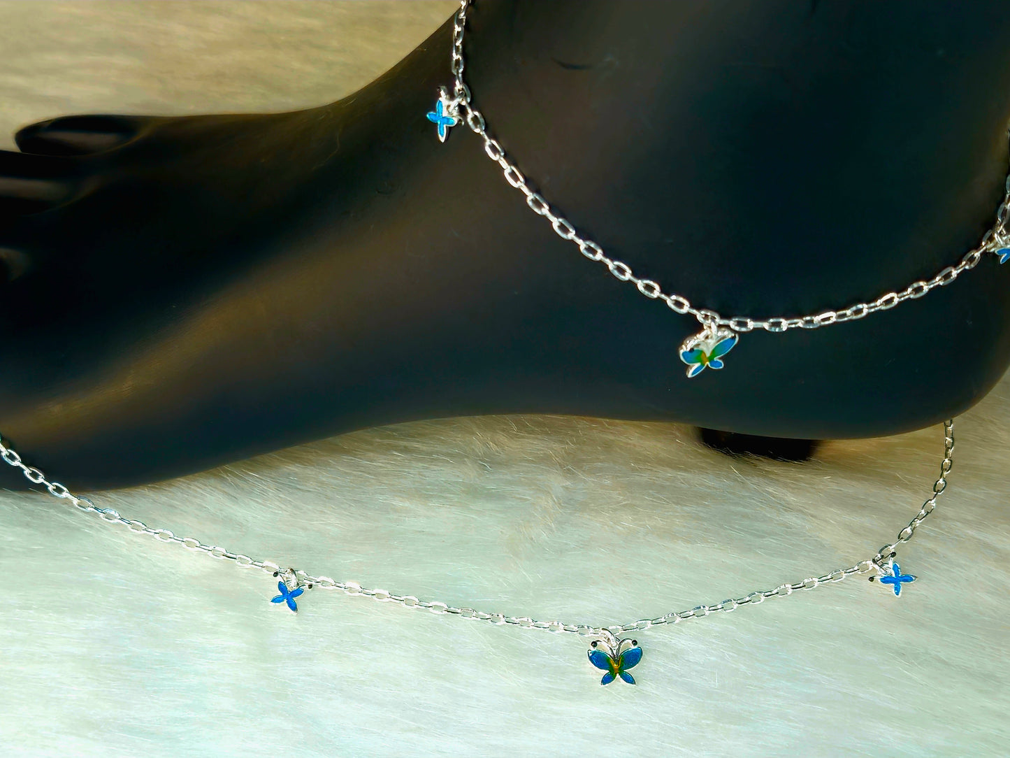 Silver-Toned Blue and Green Butterfly Charm Anklet