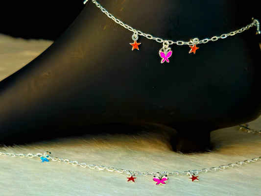 925 Silver Butterfly & Star Charm Anklet for Women