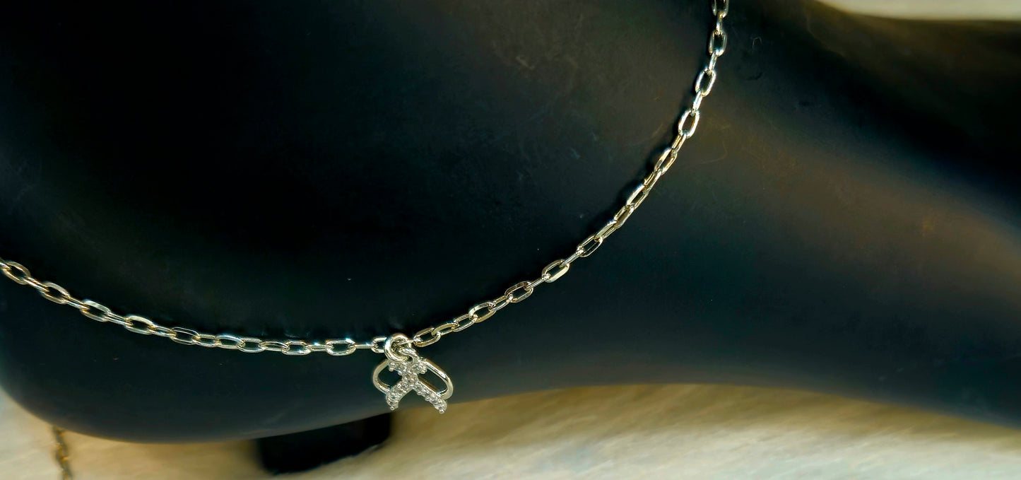 Silver-Toned Sparkling Ribbon Charm Anklet