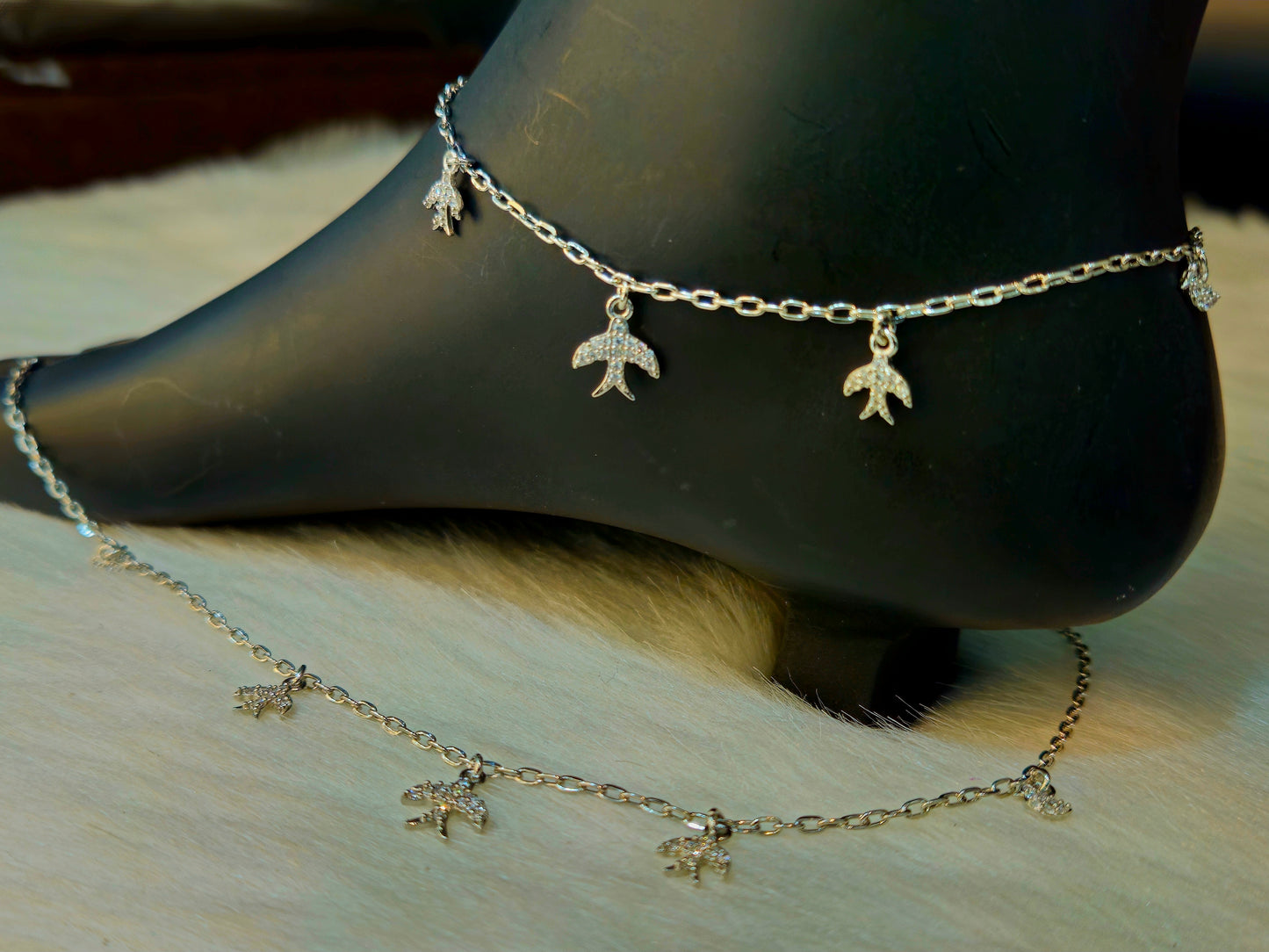 Silver Sparkling Bird Charm Anklet