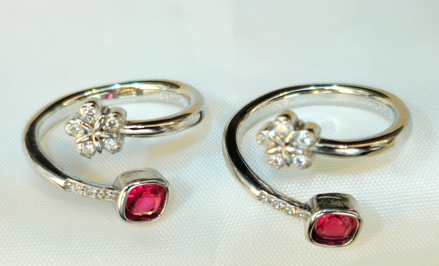 Silver Diamond Flower and Ruby Bypass Toe Rings