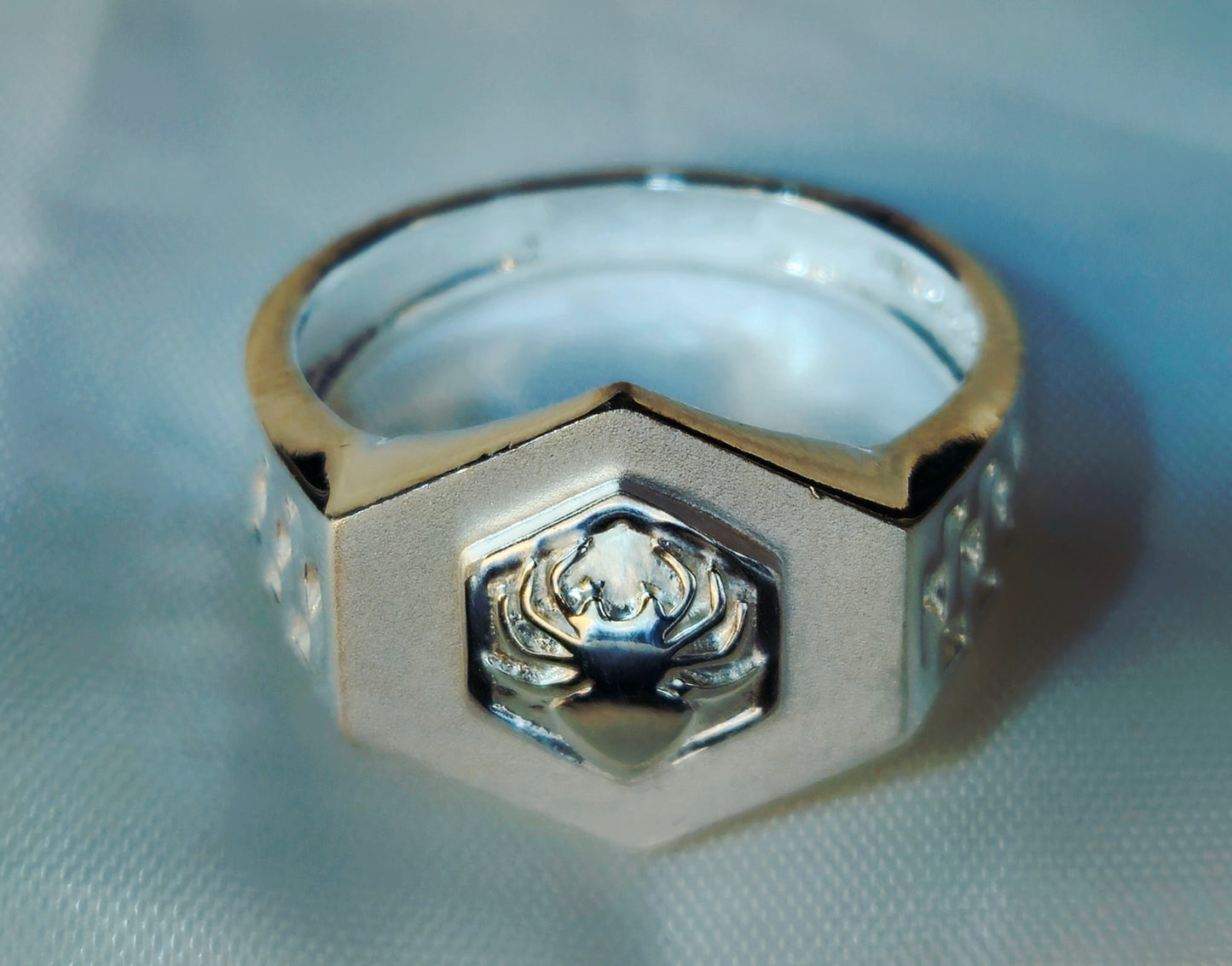 Silver Spider Emblem Hexagonal Signet Ring