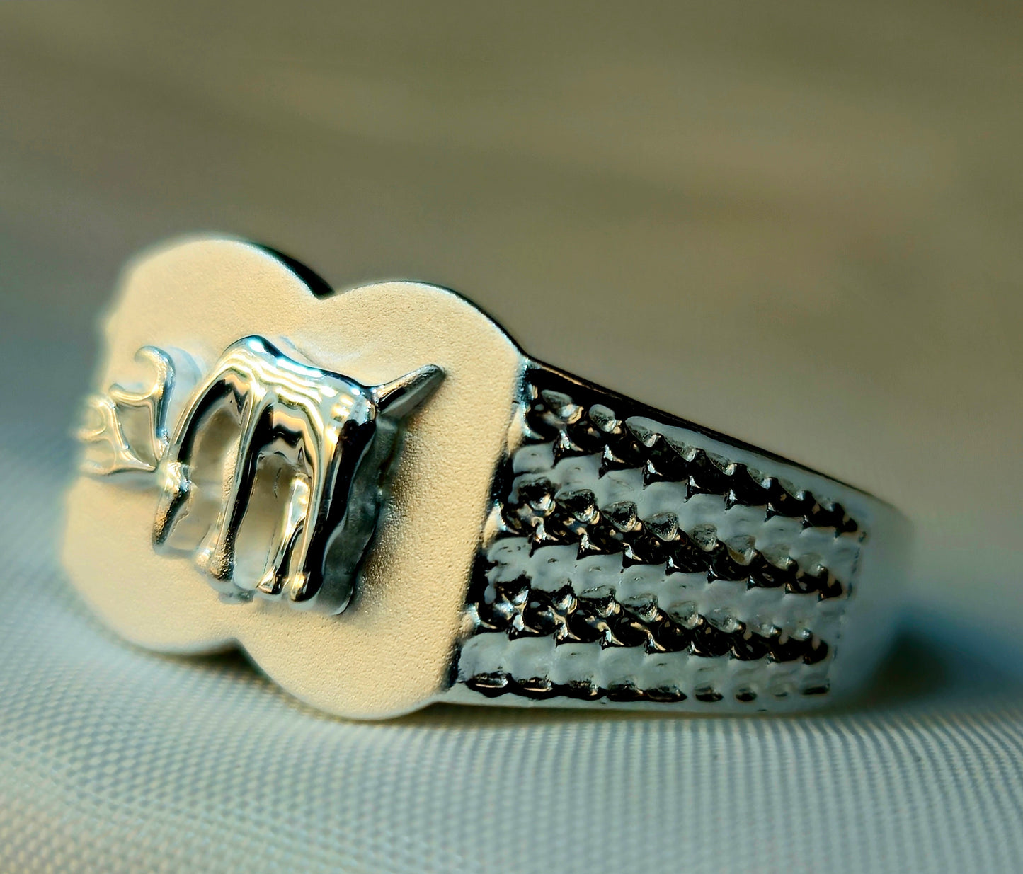 Silver Stylized Bull Signet Ring with a Textured Band