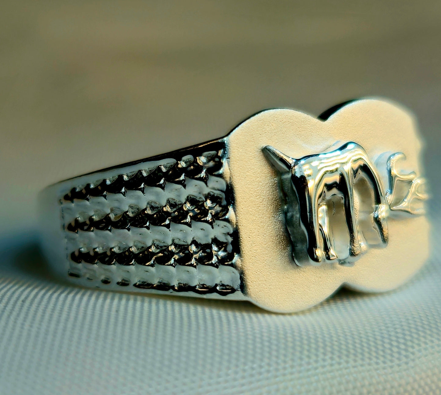 Silver Stylized Bull Signet Ring with a Textured Band