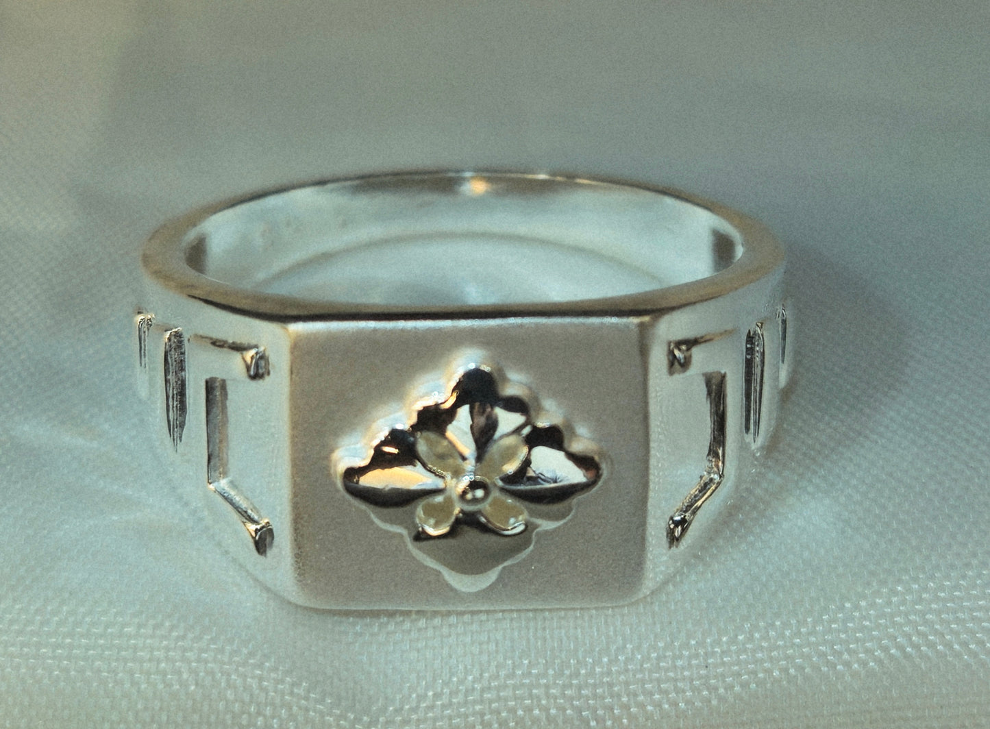 Silver Floral Quatrefoil Signet Ring with an Abstract Band