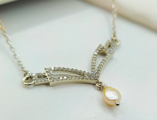 925 Sterling Silver Art Deco Pave Chevron Pearl Pendant for Women