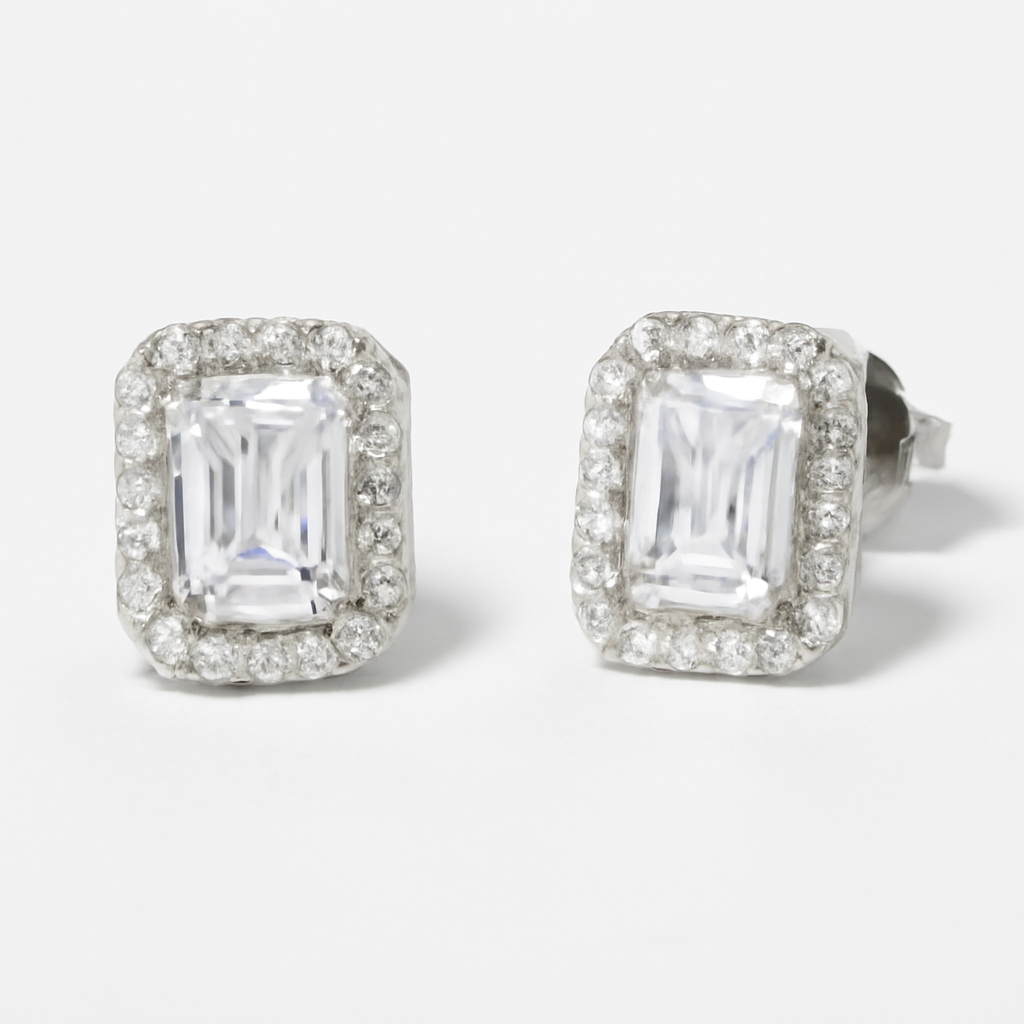 925 Sterling Silver Emerald-Cut Halo Stud Earrings for Women