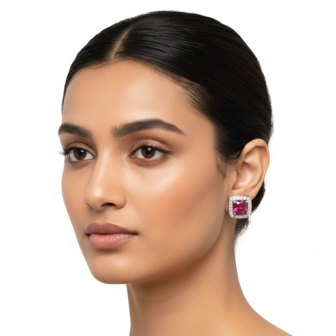 925 Sterling Silver Halo Ruby Stud Earrings for Women