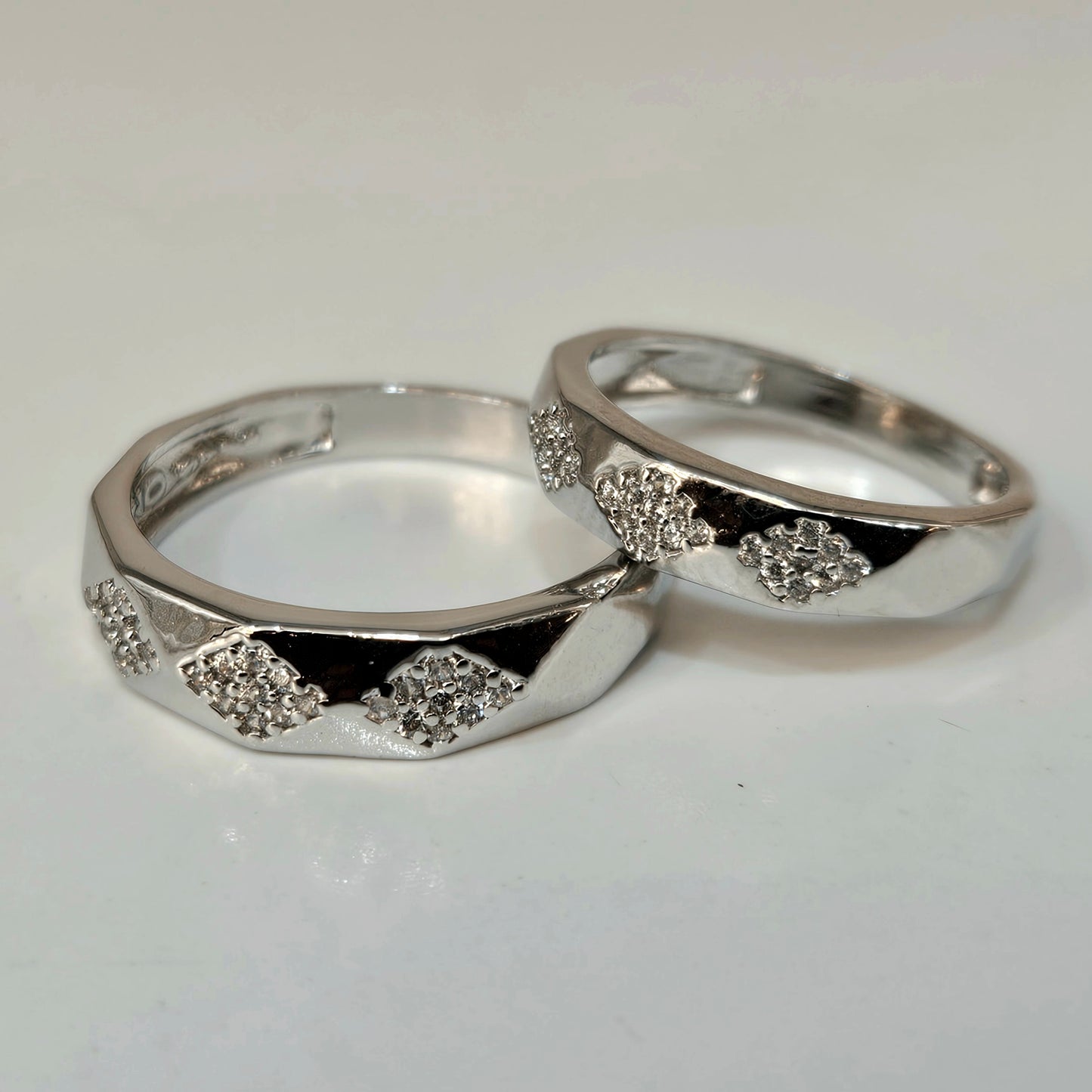 Modern Geometric Facet Silver Couple's Rings