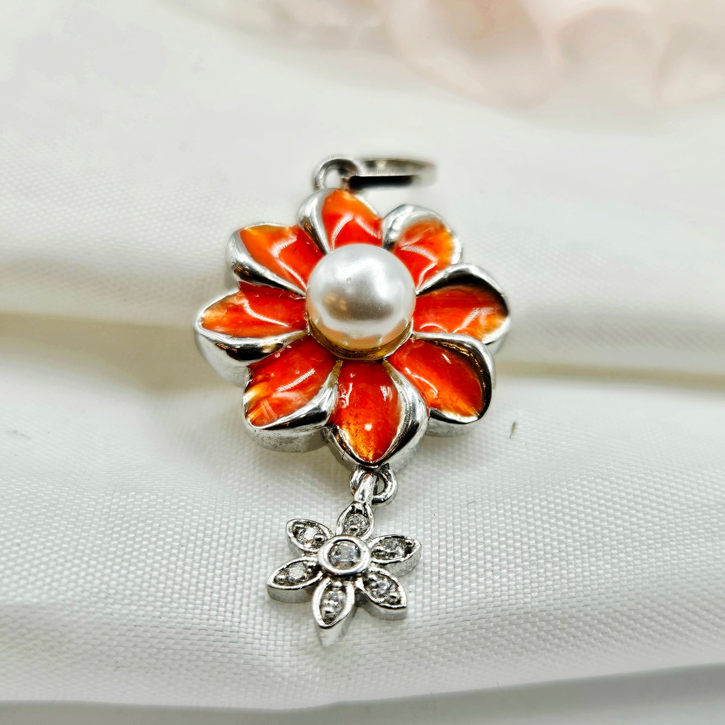 Orange Enamel Flower Pearl Charm Pendant