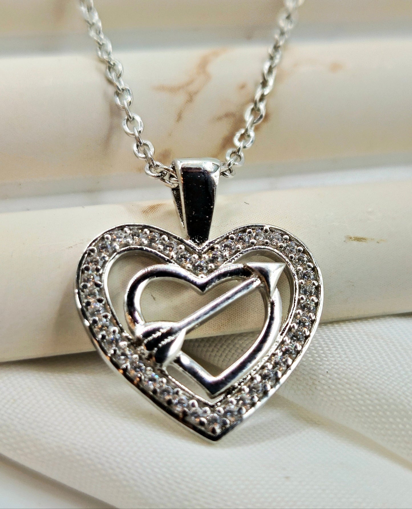Silver Pave Heart with Arrow Pendant