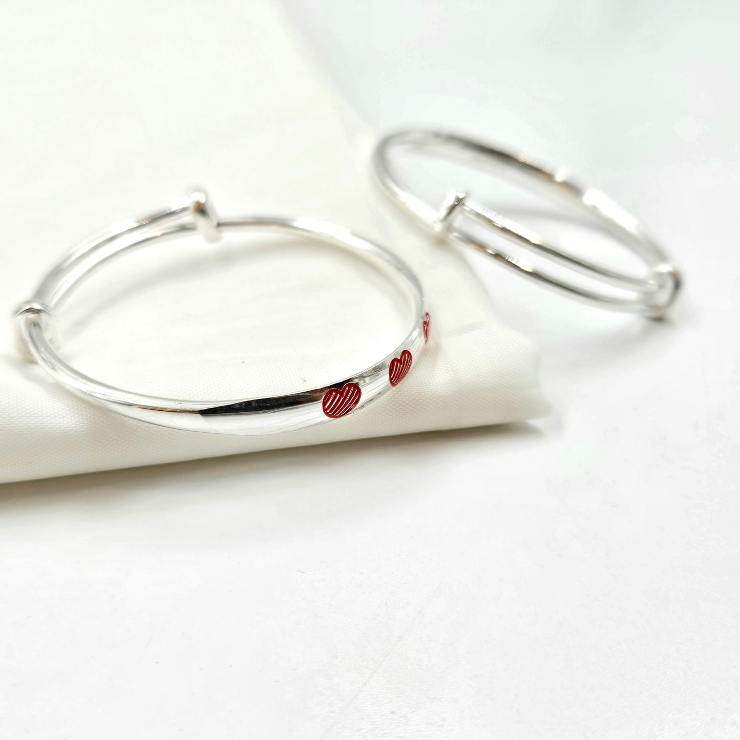 Silver Baby Bangles with Textured Red Enamel Hearts