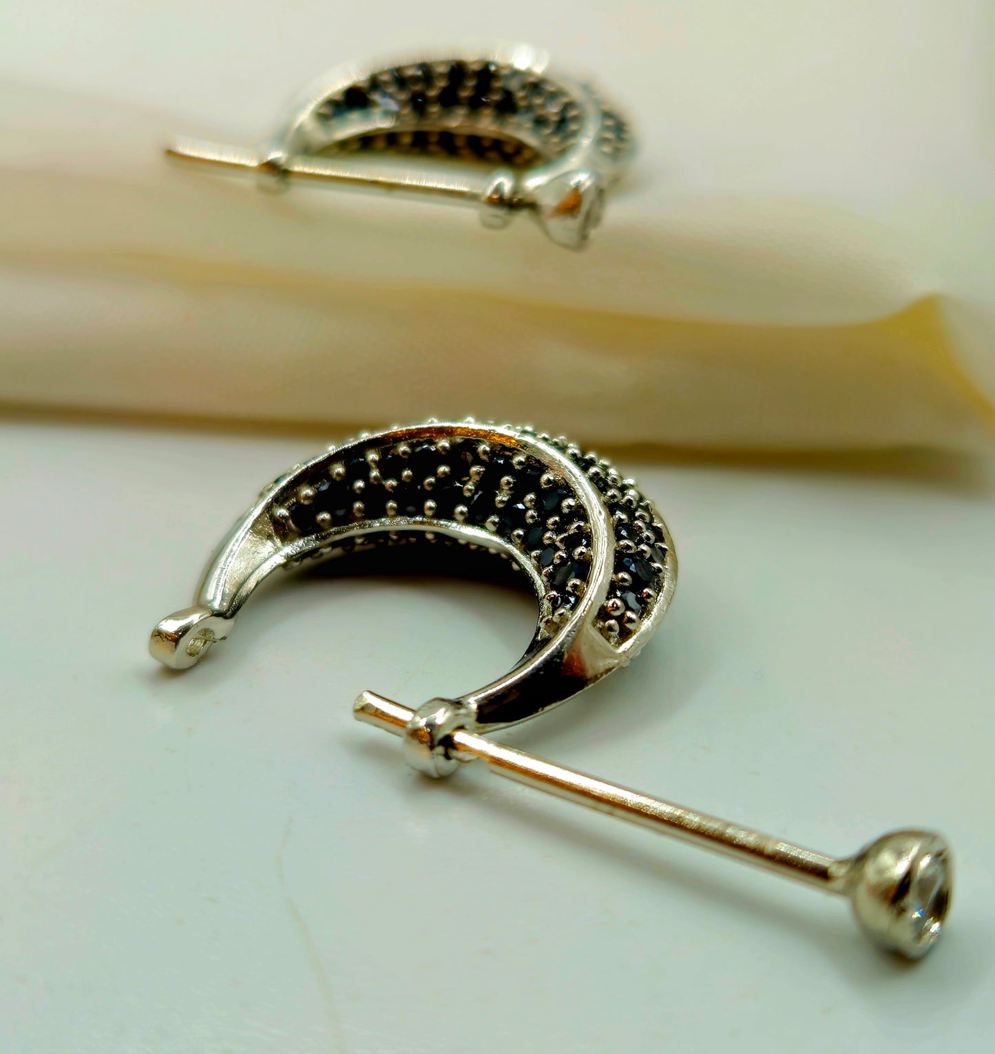 Silver Pave Black Spinel Huggie Hoop Earrings