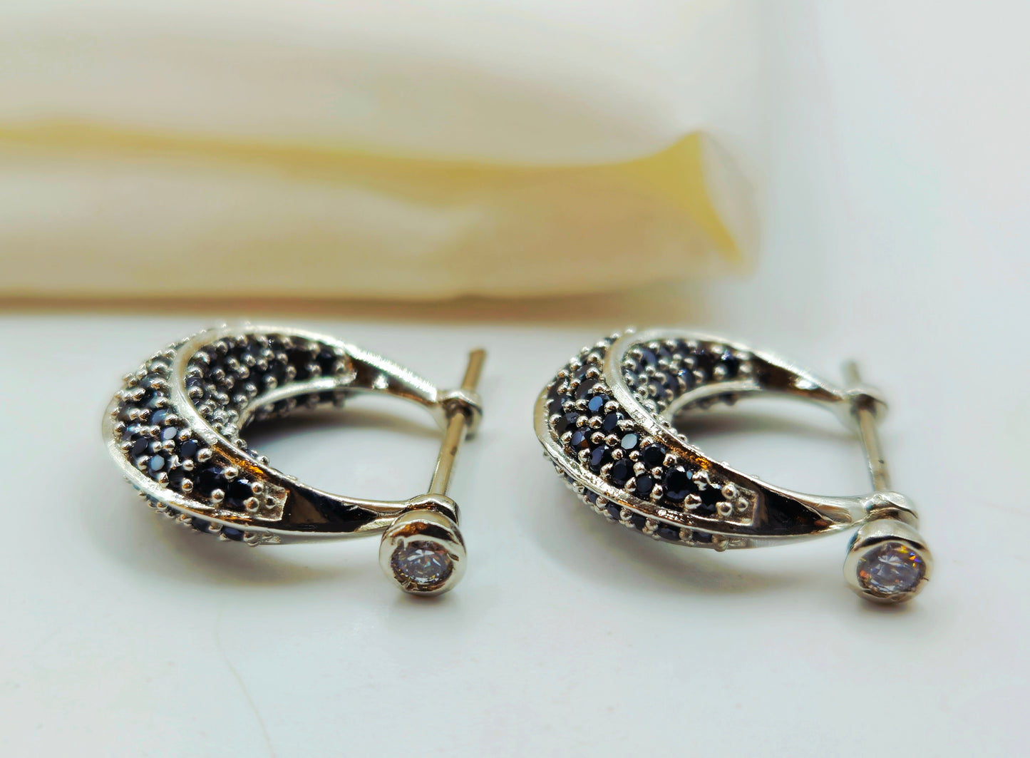 Silver Pave Black Spinel Huggie Hoop Earrings