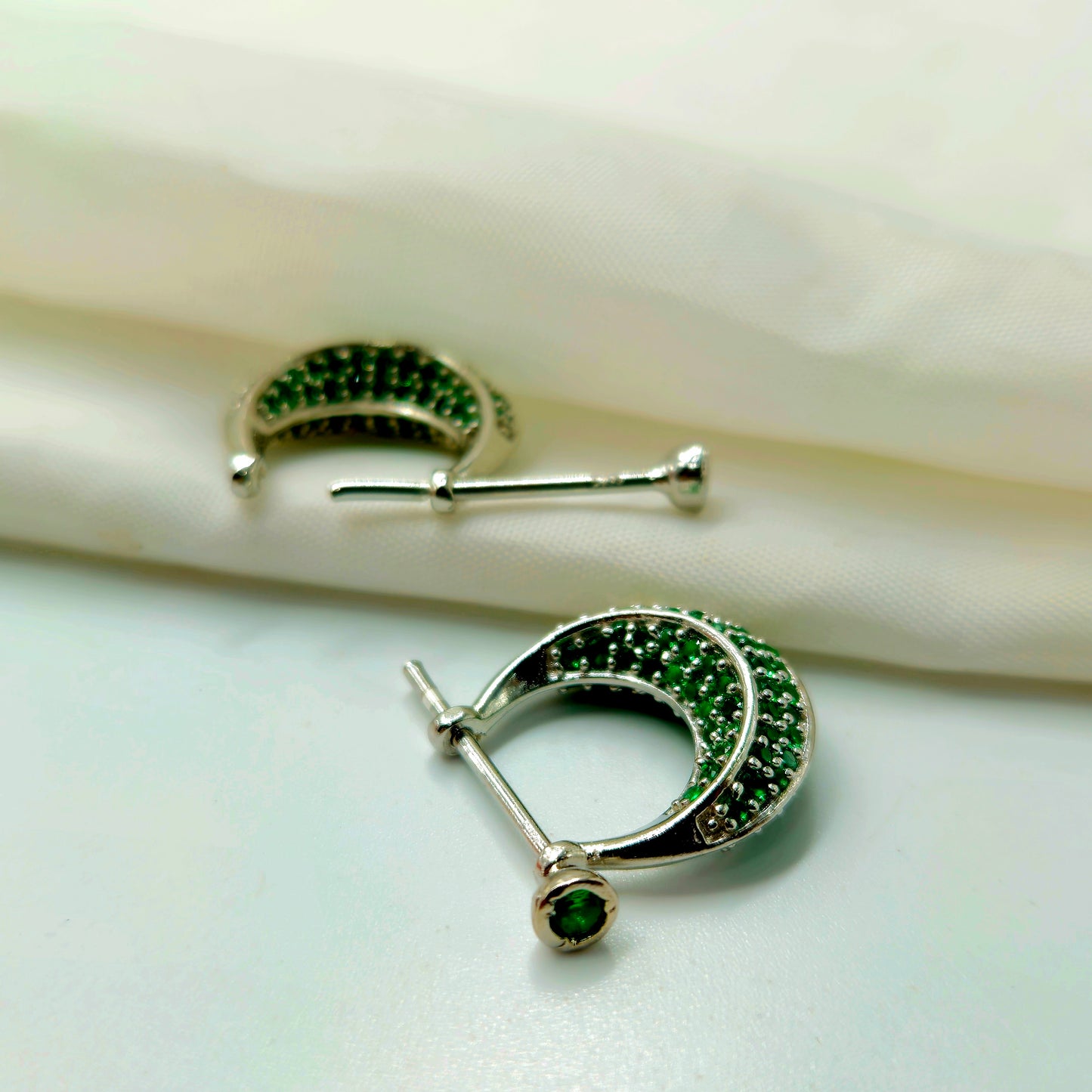 Silver Pave Green Gemstone Huggie Hoop Earrings