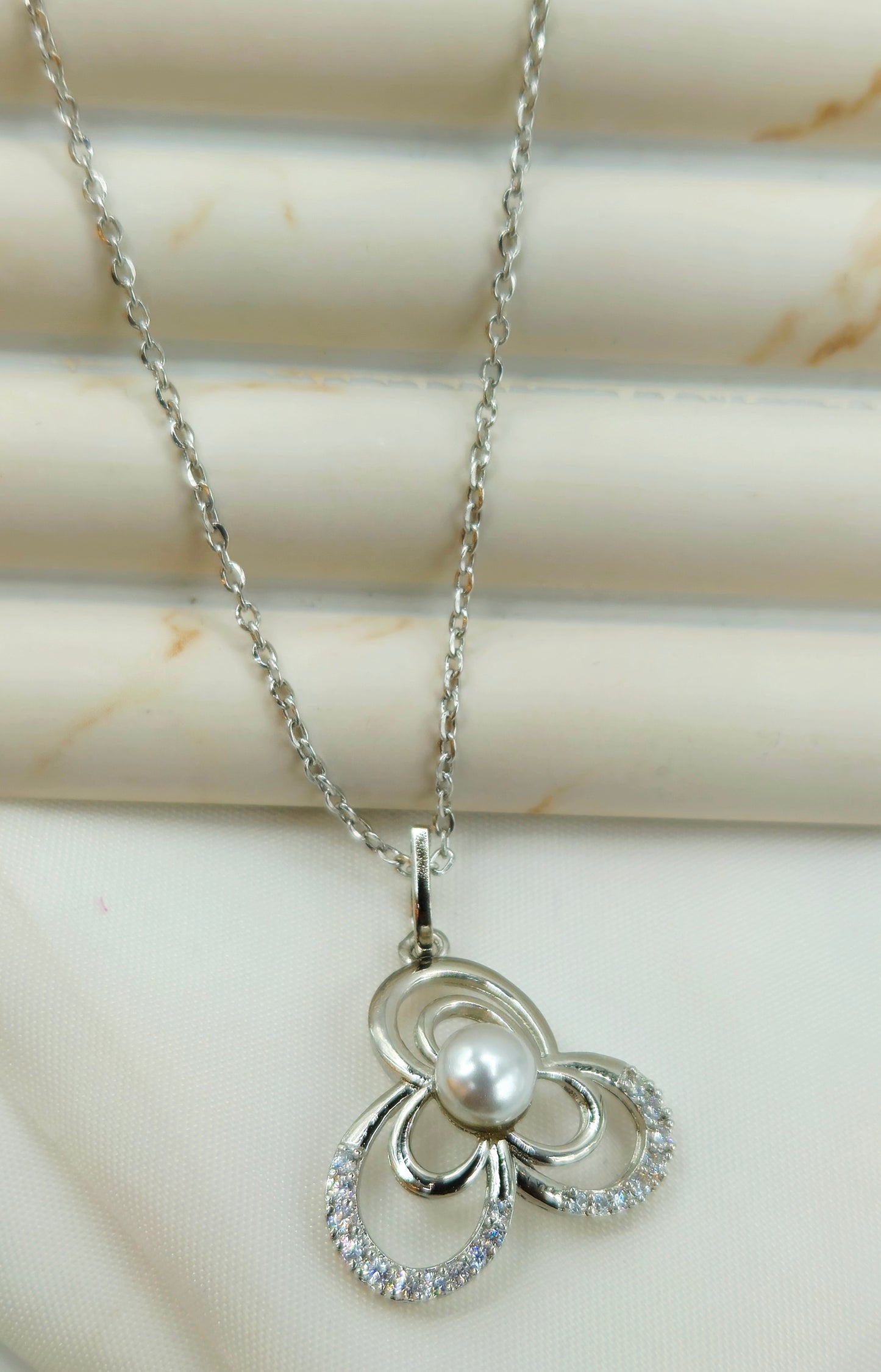 Silver Pearl and Pave Trefoil Pendant