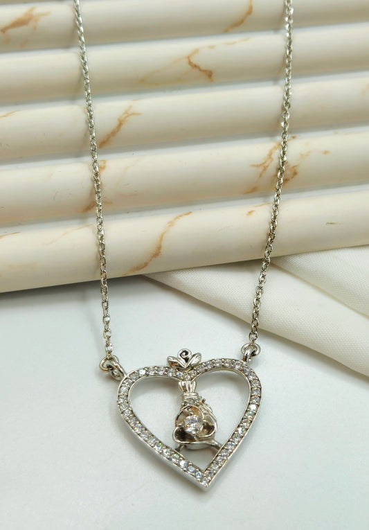 925 Sterling Silver Sideways Heart Pendant with Rose Solitaire