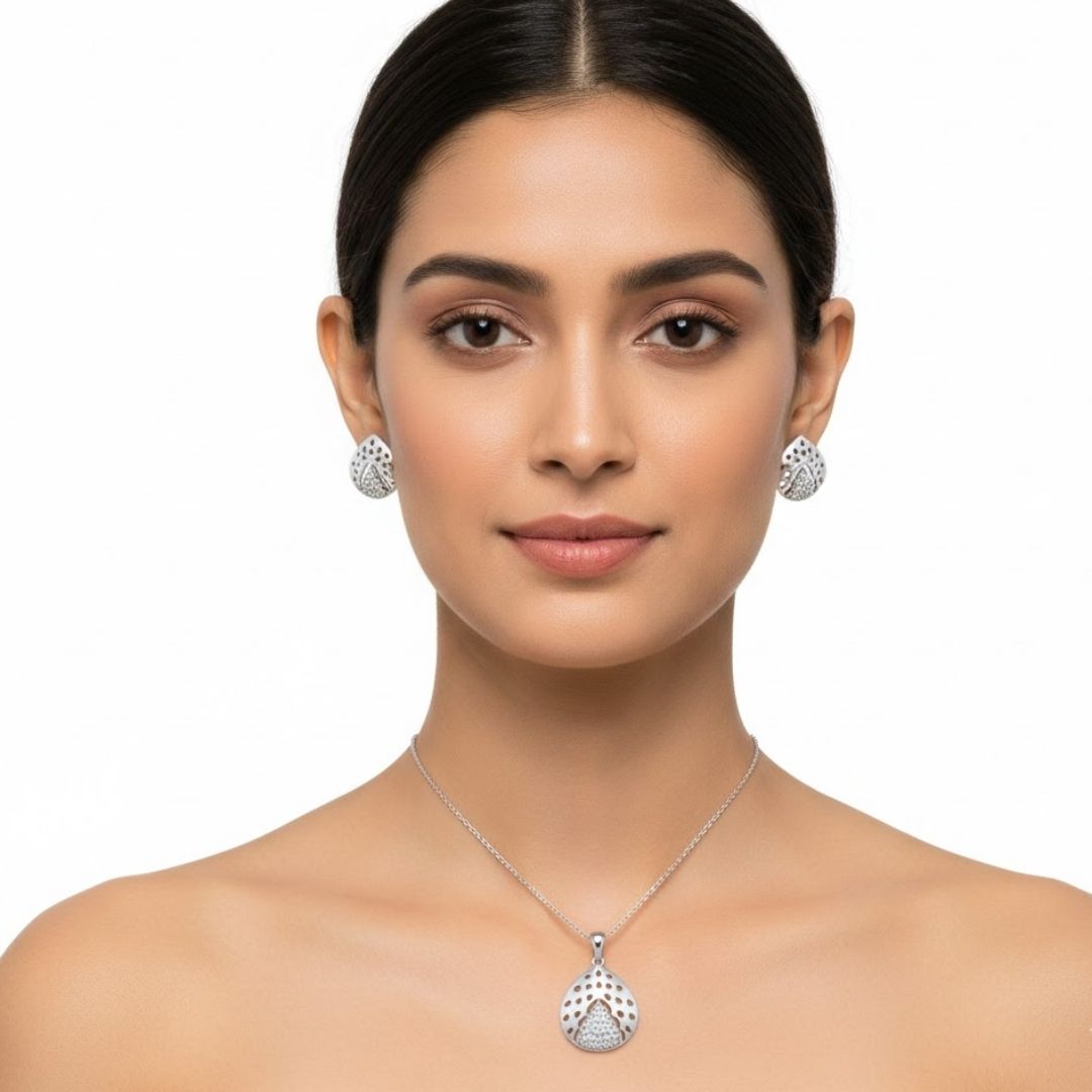 925 Sterling Silver Mixed-Finish Teardrop Pendant & Earrings Set Women