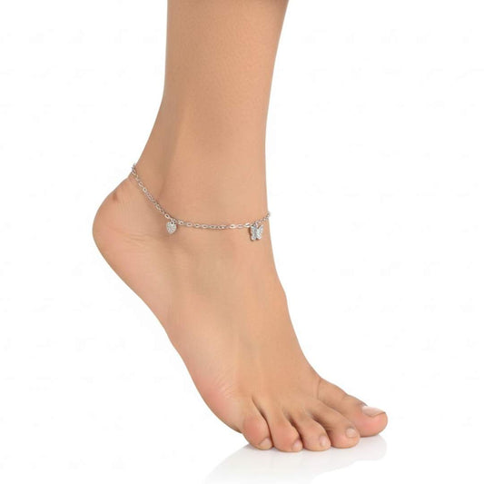 925 Sterling Silver Butterfly & Heart Charm Anklet Women