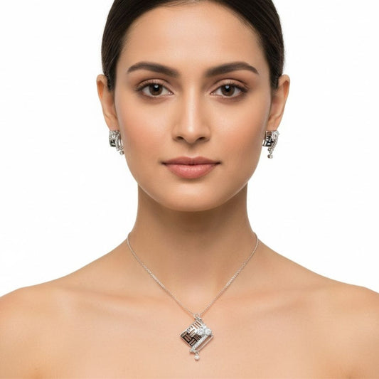 925 Sterling Silver Geometric Pave Pendant Set for Women