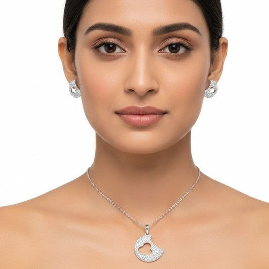 925 Sterling Silver Quatrefoil Crescent Pendant & Earrings Set