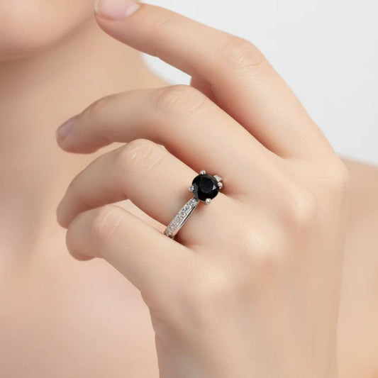 925 Sterling Silver Black Gemstone Solitaire Pave Ring for Women