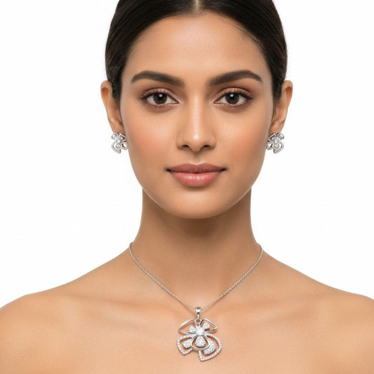 925 Sterling Silver Floral Diamond Pendant & Earrings Set for Women