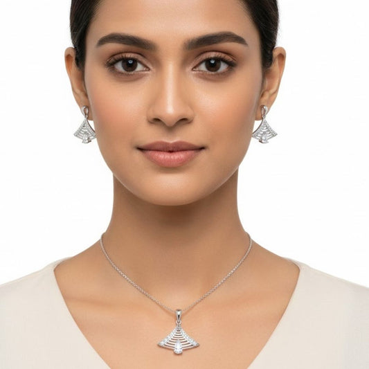 925 Sterling Silver Architectural Fan Pendant & Earrings Set Women