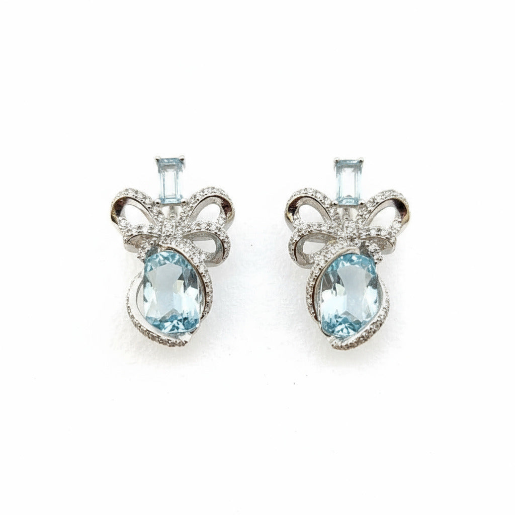 925 Sterling Silver Blue Stone Bow Earrings for Women