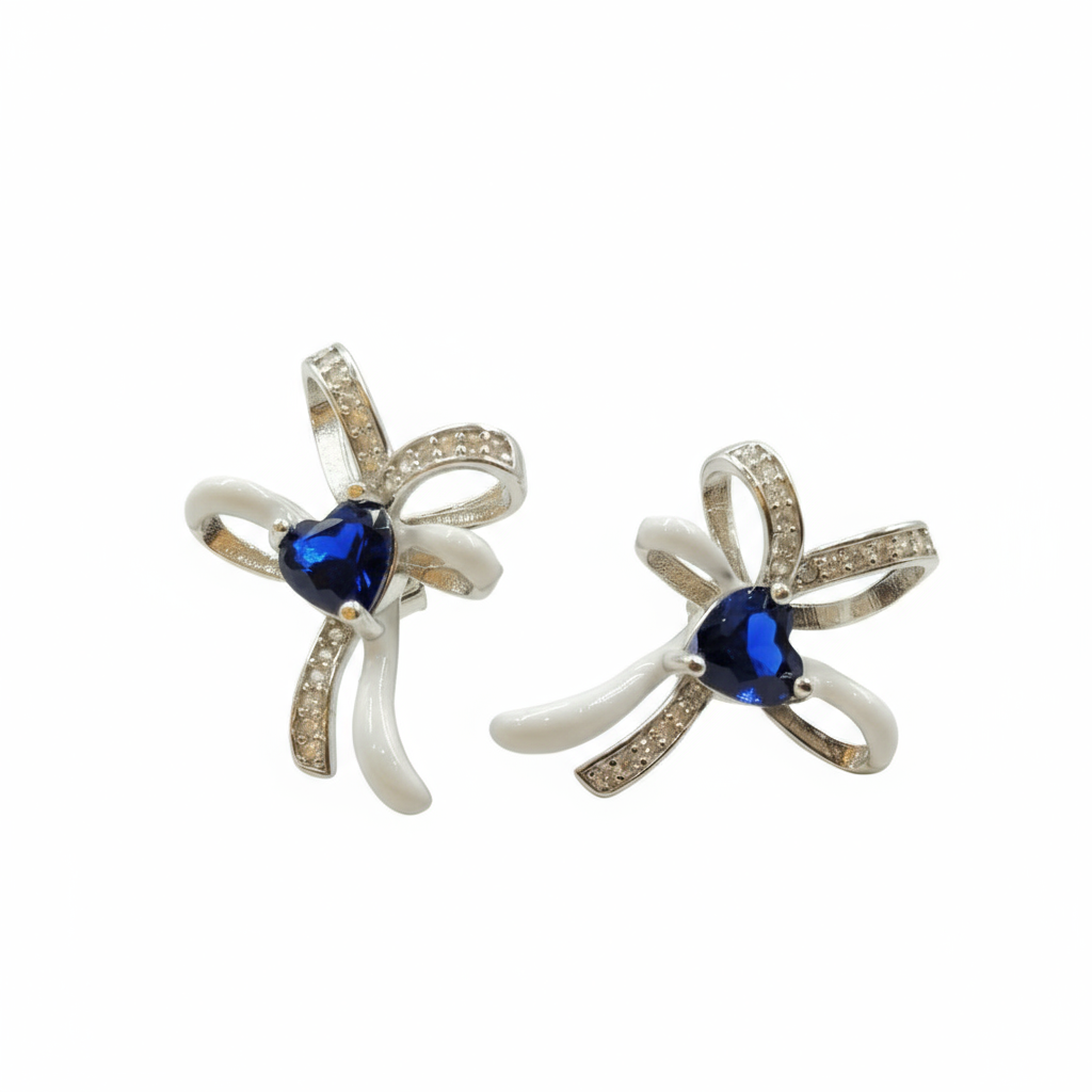 925 Sterling Silver Sapphire Heart Ribbon Stud Earrings for Women