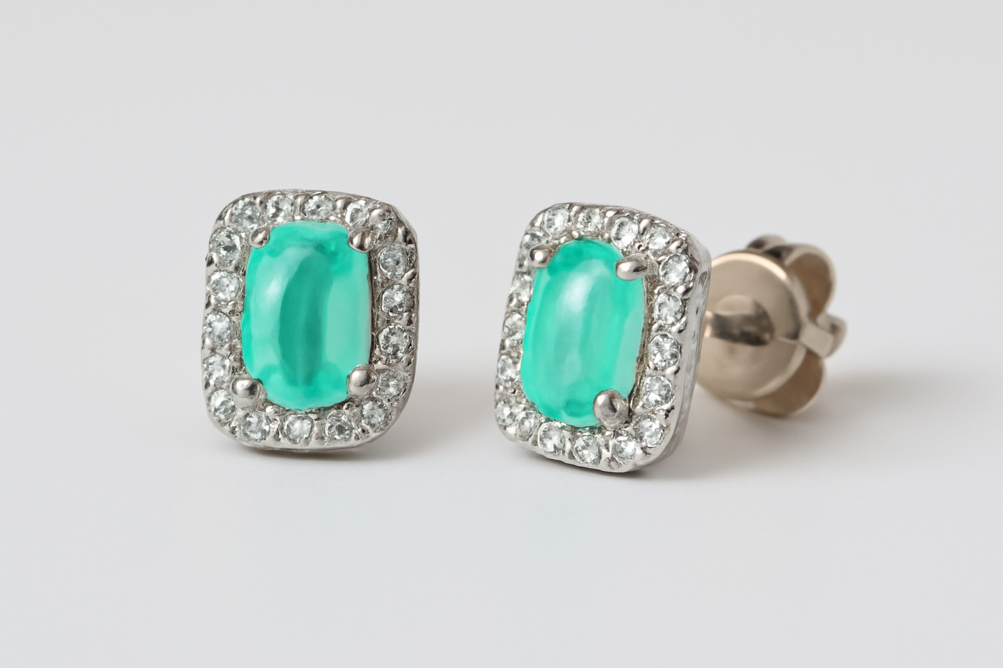 Aqua Gemstone Rectangular Halo Stud Earrings