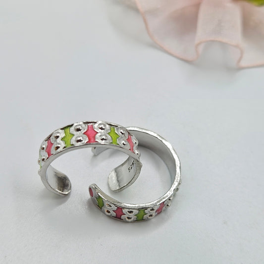 925 Sterling Silver Pink & Green Enamel Toe Ring for Women