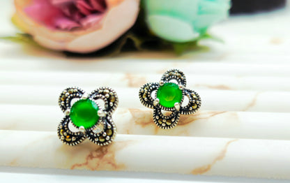 925 Sterling Silver Green Stone Round Stud Earrings for Women