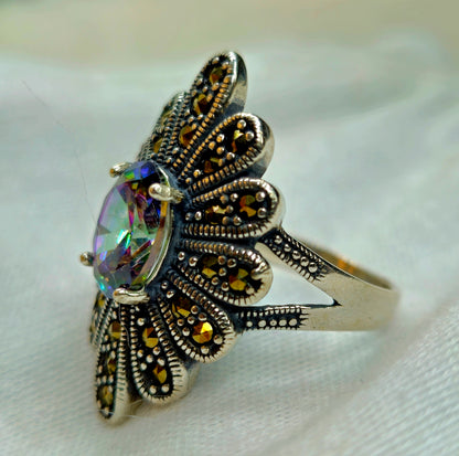 Mystic Topaz & Marcasite Peacock Ring