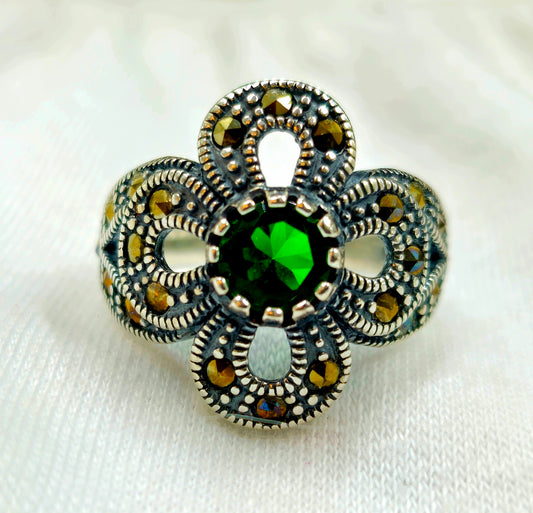 Emerald & Marcasite Clover Ring
