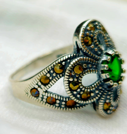 Emerald & Marcasite Clover Ring
