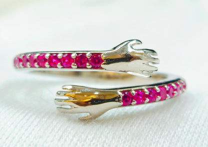 Pink Gemstone Hugging Hands Ring