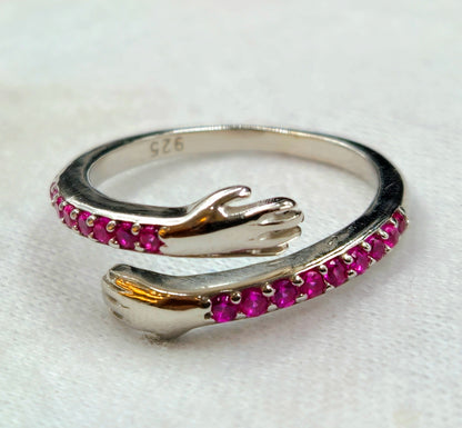 Pink Gemstone Hugging Hands Ring